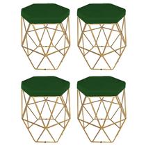 Kit 4 puff decorativos para sala hexagonal aramado base dourada suede verde - clique e decore