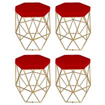 Kit 4 puff decorativos para sala hexagonal aramado base dourada suede vermelho - clique e decore