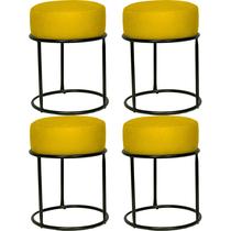 Kit 4 puff decorativos para sala luxe base preta suede amarelo - clique e decore