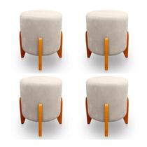 Kit 4 Puffs Decorativos Thor Pés Em Madeira Tecido Linho Bege Kimi Decor