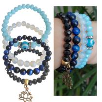 Kit 4 Pulseiras Em Pedra Olho De Tigre ul E Pedra Da Lua