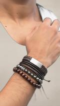 Kit 4 Pulseiras Masculinas Couro e Miçangas Ajustáveis