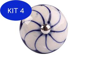 Kit 4 Puxador Decorativo De Cerâmica Branco E Azul P/ Moveis