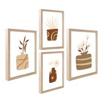 Kit 4 Quadro Decorativo Abstrato Boho Luxo Bege Sala Cozinha ânfora com Moldura Caixa Alta 40cm