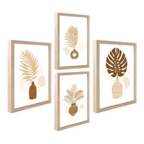 Kit 4 Quadro Decorativo Abstrato Boho Luxo Bege Sala Cozinha ânfora com Moldura Caixa Alta 40cm