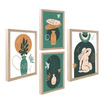 Kit 4 Quadro Decorativo Abstrato Boho Luxo Bege Sala Cozinha ânfora com Moldura Caixa Alta 40cm