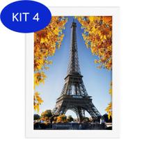 Kit 4 Quadro Foto Paris Torre Eiffel e Flores Moldura Branca