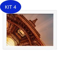 Kit 4 Quadro Foto Paris Torre Eiffel Sol Moldura Branca