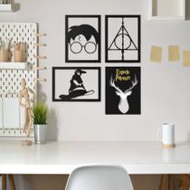 kit 4 quadro harry potter Relíquias da Morte Chapéu Seletor Expecto Patronum decoração parede Mdf Preto 15x15 sala quart