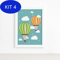 Kit 4 Quadro Infantil para Quarto de Bebê Balões e Nuvens