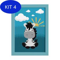 Kit 4 Quadro Infantil Safari Zebra para Quarto Moldura Azul