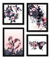 Kit 4 Quadros Arte Beija Flor Leão Borboleta Flamingo Kit 4 Quadros Arte Beija Flor Leão Borboleta Flamingo