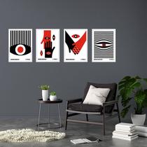 Kit 4 Quadros Bauhaus Olhos e Mãos - Vermelho e Preto 24x18cm