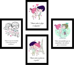 Kit 4 Quadros Com Moldura Frases Amor Namorados