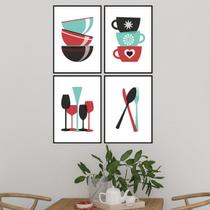 Kit 4 Quadros Cozinha Xícaras E Talheres 24x18cm - com vidro Kit 4 Quadros Cozinha Xícaras E Talheres 24x18cm - com vidro