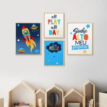 Kit 4 Quadros Decoração Ambiente Infantil Pequenos com Moldura Caixa Frases Coloridas - Hugart