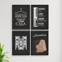 Kit 4 Quadros Decorativo Lavanderia Giz 33X24CmVidro Preta