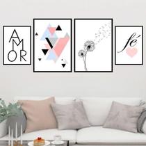 Kit 4 Quadros Decorativos Amor/Fé Tam M 33X24 C/Vidro Preta