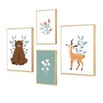 Kit 4 Quadros Decorativos Animais Flor Verde Quarto Criança