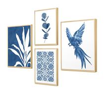 Kit 4 Quadros Decorativos Azul Papagaio Folhagens Abstrato - Hugart Decorações