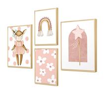 Kit 4 Quadros Decorativos Boho Infantil Rosa Menina