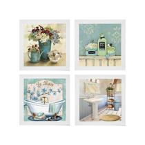 Kit 4 Quadros Decorativos para Banheiro e Lavabo com Imagem e Vidro - 23x23cm