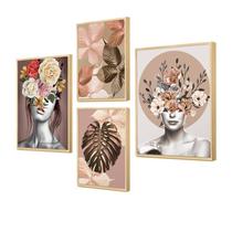 Kit 4 Quadros Decorativos para Quarto Casal 88x64cm Mulher Surreal Rosa Floral Colorido - Hugart