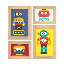 Kit 4 Quadros Decorativos Robôs Quarto Infantil Colorido Bebê Menino Sala Amarelo Mdf 26x28cm Hugart