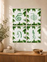 Kit 4 Quadros Decorativos Símbolos Reiki Folhagem Verde Zen Natural