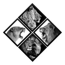 Kit 4 Quadros Filhote Leão Leoa Fauna Animal Geométricas