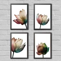 Kit 4 Quadros Flores Neutras Suave 33x24cm - com vidro