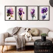 Kit 4 Quadros Flores Roxas Aquarela 33X24Cm - Com Vidro