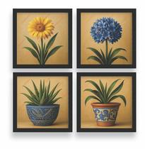 Kit 4 Quadros Flores Vaso Lavabo Sala Cozinha Moldura Vidro