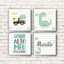 Kit 4 Quadros Infantil Dino Dinossauro Personalizado Sonhe Alto