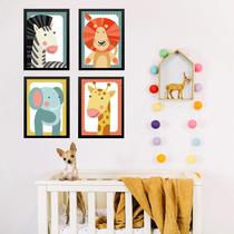 Kit 4 Quadros Infantis Bichos Safari 24x18cm