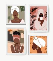 Kit 4 Quadros Mulheres Afro Arte Simplista Decoração - Branco
