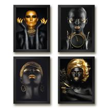 Kit 4 Quadros Mulheres Preto ComDourado 33x24cm - com vidro