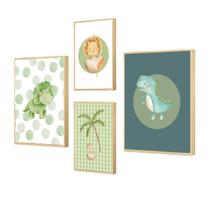 Kit 4 Quadros Para Quarto Infantil Menino Dinossauro Verde