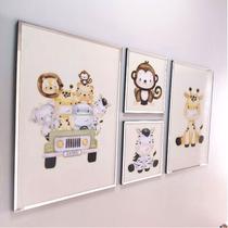 Kit 4 Quadros Placas Decorativos Safari Baby Decoração Quarto Infantil Menina Menino