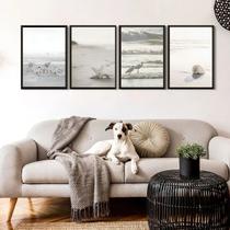 Kit 4 Quadros Praia Branco Bege e Cinza 33x24cm - com vidro