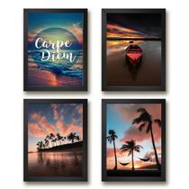 Kit 4 Quadros Praia Sol Carpe Diem 45x34cm - Vidro