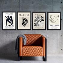 Kit 4 Quadros Preto Cinza - Matisse Picasso 45X34Cm
