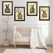 Kit 4 Quadros Quarto Bebê Ursos Vintage 24x18cm - com vidro