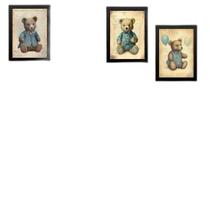 Kit 4 Quadros Quarto Bebê Ursos Vintage 45X34Cm - Com Vidro