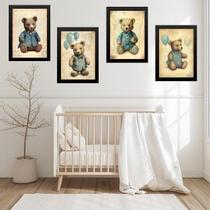 Kit 4 Quadros Quarto Bebê Ursos Vintage 45X34Cm - Com Vidro