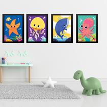 Kit 4 Quadros Quarto Infantil Tema Animais Marinhos 24x18cm