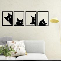 Kit 4 Quadros Vazados Gato Preto Cat Decorativo Mdf Escultura de Parede Casa Sala Quarto Pet