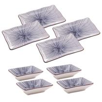 Kit 4 Recipientes Para Molho Shoyu Tarê + 4 Pratos Retangular Oniguiri Sashimi