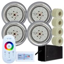 Kit 4 Refletores Led 18w RGB Inox e Adaptadores Cano 50mm e Comando para Iluminação Piscina