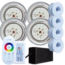 Kit 4 Refletores Led 18w RGB Inox e Comando para Iluminação Piscina Fibra Kit 4 Refletores Led 18w RGB Inox e Comando para Iluminação Piscina Fibra